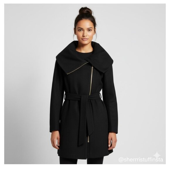 Cole Haan Signature Womens Asymmetrical Belted Full Zip Wool Coat Size 8 Black - Picture 1 of 16